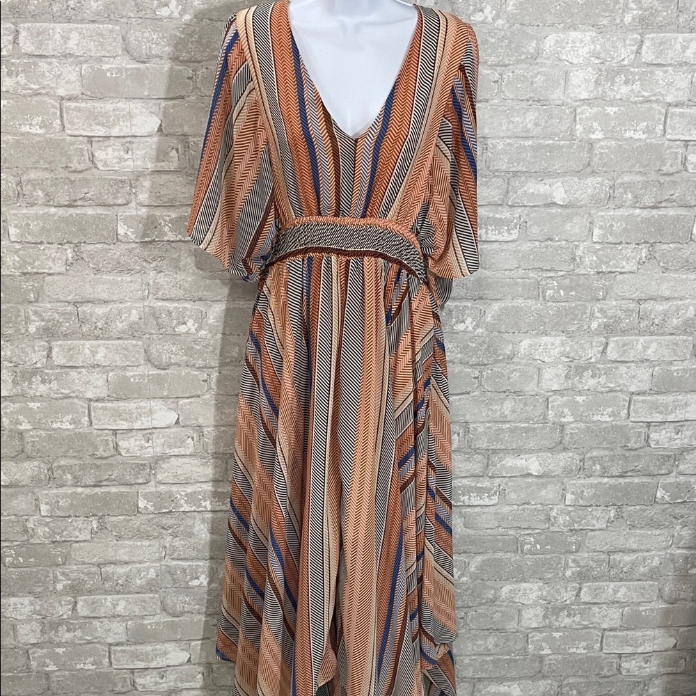 MELLODAY V-Neck Striped Midi Dress in Blue and Tan